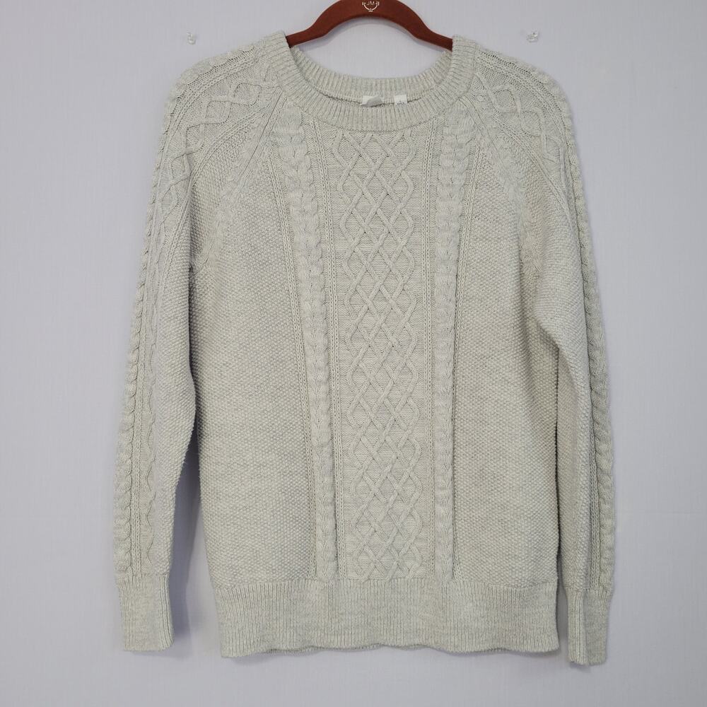 GAP Crew Neck Pullover Cable Knit Sweater size L Gray Classic Preppy Fisherman